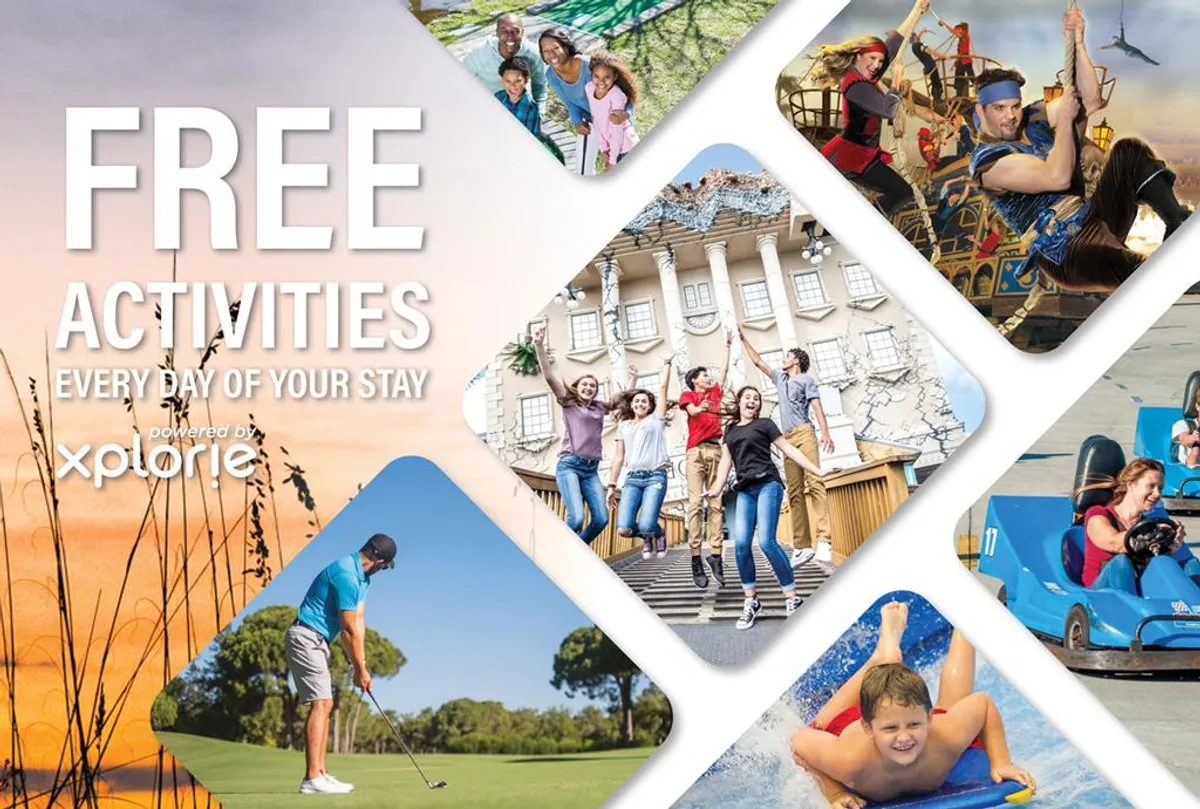 The image showcases families and groups of friends partaking in various activities, including golfing, amusement park rides, swimming, and celebrating at local attractions. The scene is dynamic and joyful, representing a wide range of entertainment options available nearby.